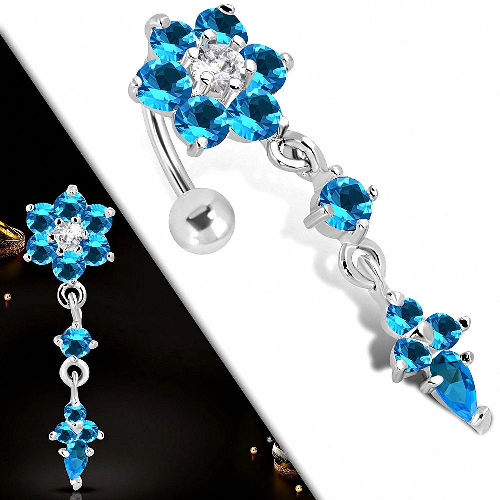 Lot De 5 Piercings Nombril En Acier Chirurgical Argenté - Pendentifs Fleur, Papillon, Strass - 10 Mm