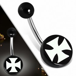 Piercing nombril  en acier inoxydable avec cercle rond en acrylique noir 3 tons Pattee Cross | Boule-6mm | G-1
