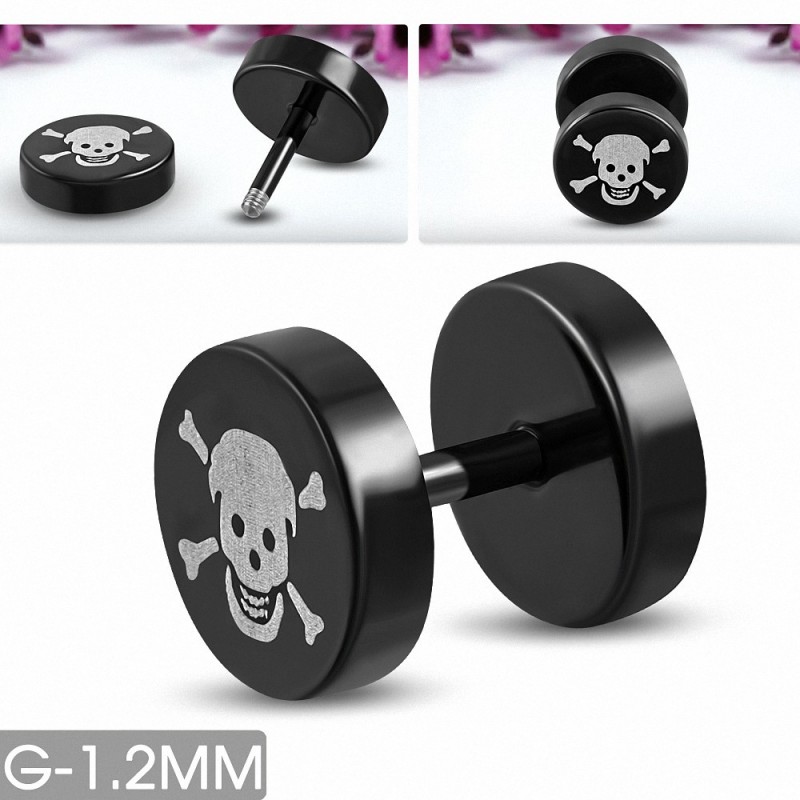 8mm | Piercing oreille faux crâne de pirate souriant en acier inoxydable anodisé noir 2 tons | G-1