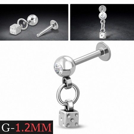 Anneau de lèvre de charme de dés chanceux en acier inoxydable Piercing Labret Piercing lèvre w / Cloreille CZ | G-1