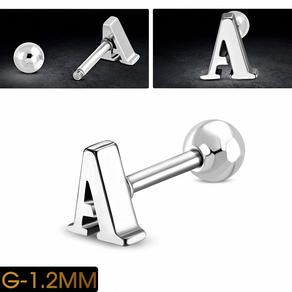 Piercing oreille en acier inoxydable Alphabet initiale / lettre A Tragus / Cartilage Barbell | Boule 4mm | G-1