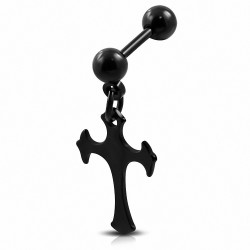 Piercing oreille Tragus / Cartilage Barbell en acier inoxydable anodisé noir Fleur De Lis Cross Charm | Boule 4mm | G-1mm