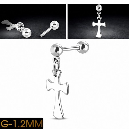 En acier inoxydable Pattee Cross Charm  Tragus / Cartilage Barbell   | Boule 4mm | G-1