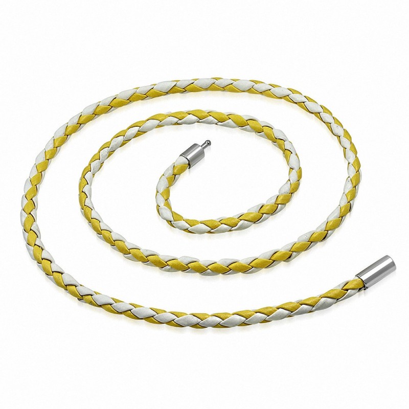 Collier homme cuir blanc et jaune - 59 cm