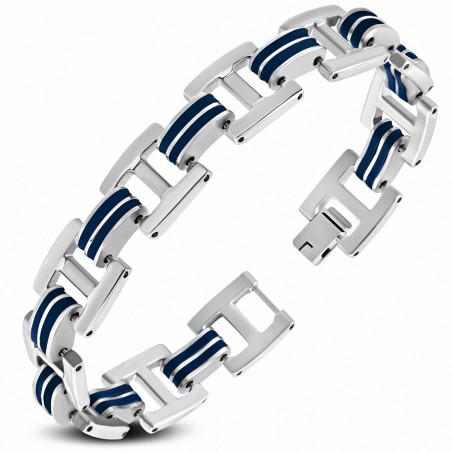 Bracelet homme acier et caoutchouc bleu liens en H