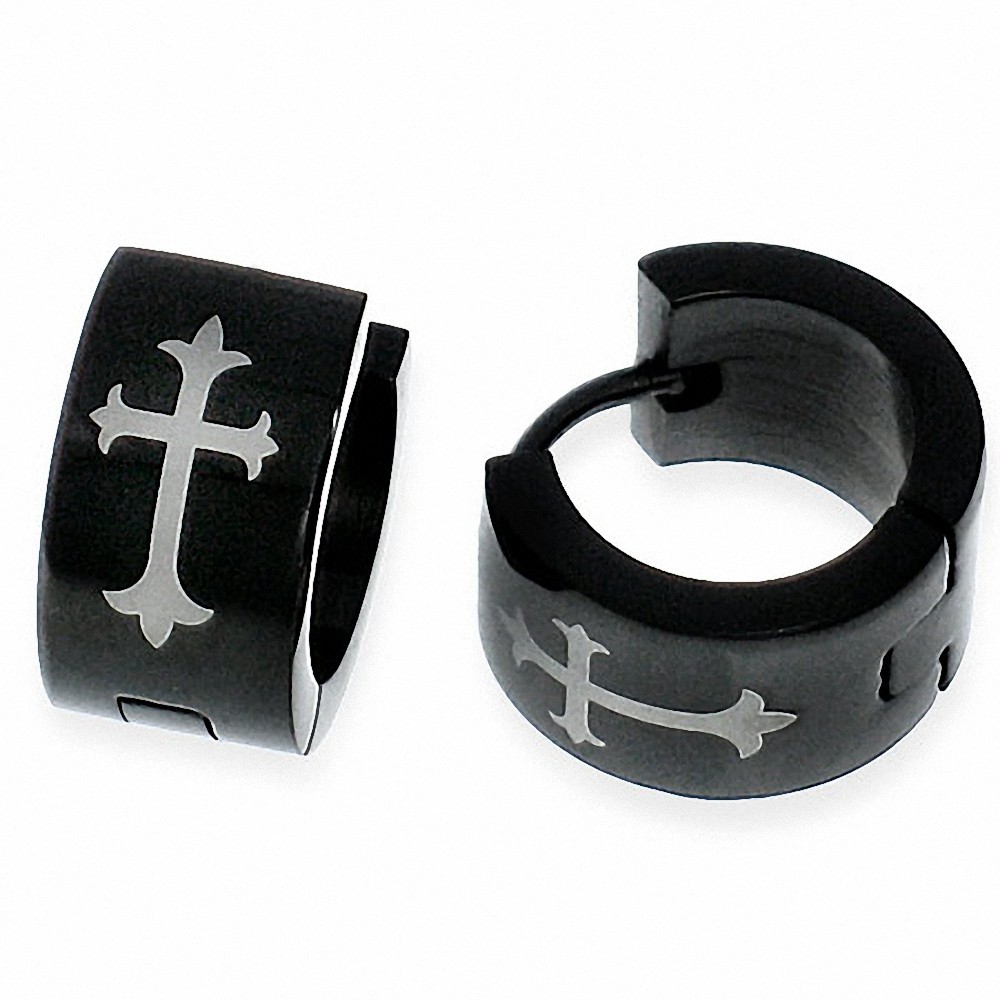 Boucles oreille homme noir croix fleur de lys