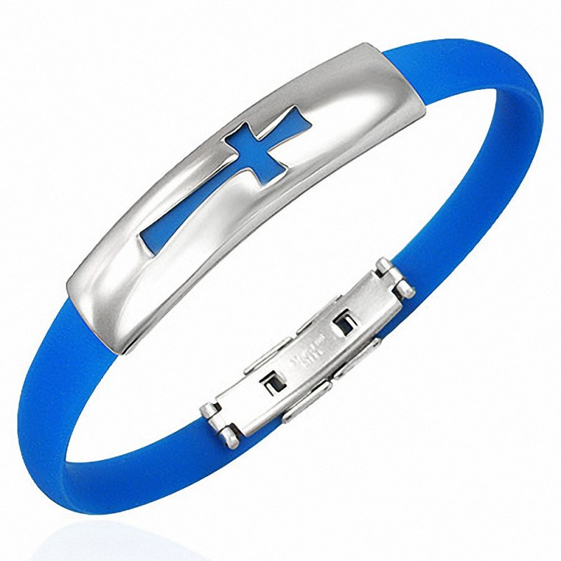 Bracelet homme caoutchouc bleu marine croix maltaise Bracelet homme caoutchouc bleu marine croix maltaise