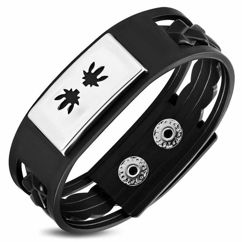 Bracelet homme caoutchouc noir plaque cannabis Bracelet homme caoutchouc noir plaque cannabis
