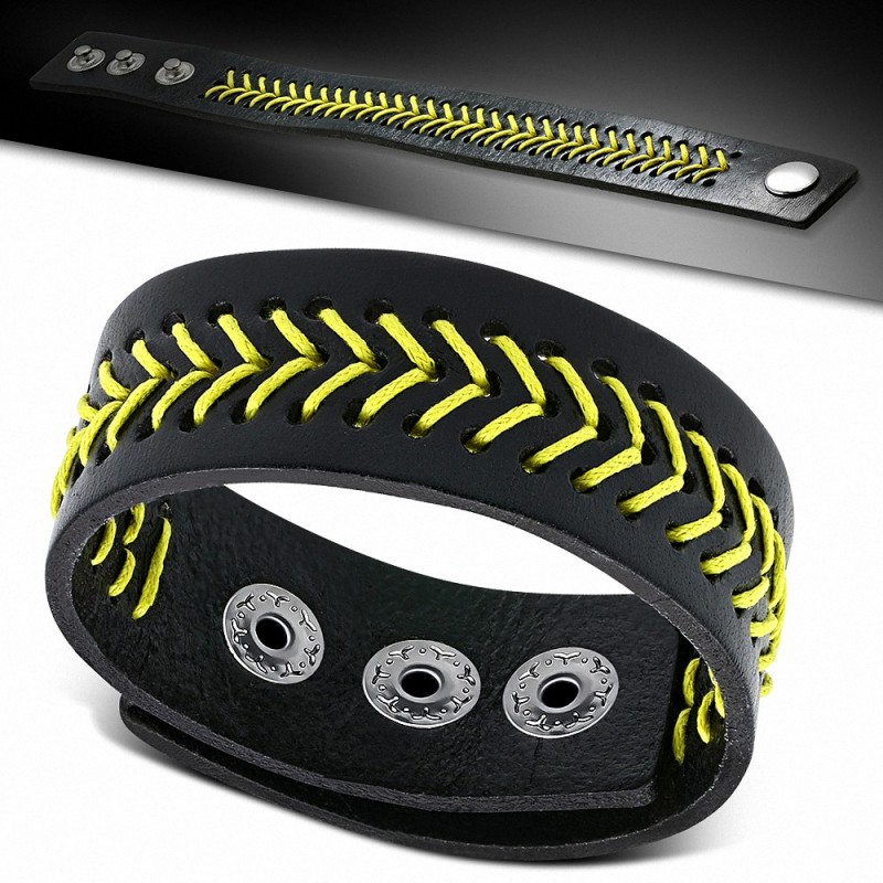 Bracelet homme cuir noir jaune vagues Bracelet homme cuir noir jaune vagues