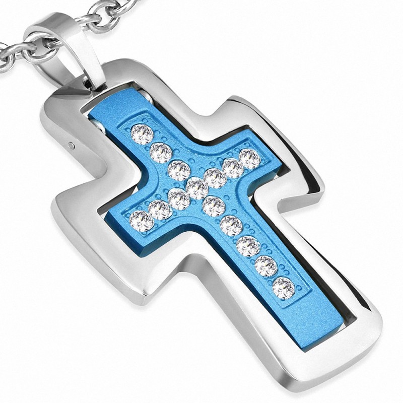 Pendentif homme double croix bleue