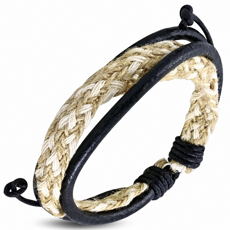 Bracelet homme cuir noir et aspect ficelle Bracelet homme cuir noir et aspect ficelle