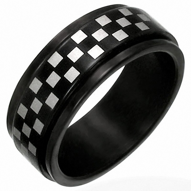 Bague homme acier damier tournant Bague homme acier damier tournant
