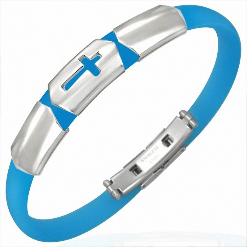 Bracelet homme caoutchouc bleu croix