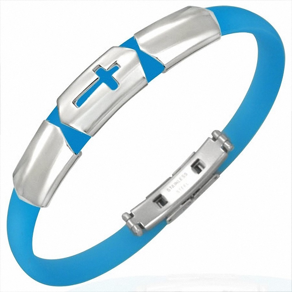 Bracelet homme caoutchouc bleu croix