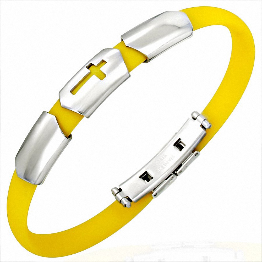 Bracelet homme caoutchouc jaune croix latine