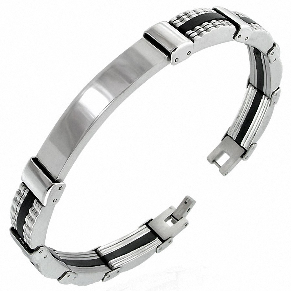 Bracelet homme plaque acier et caoutchouc noir