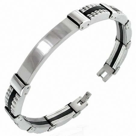 Bracelet homme plaque acier et caoutchouc noir