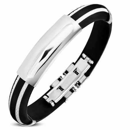 Bracelet homme caoutchouc noir et blanc plaque