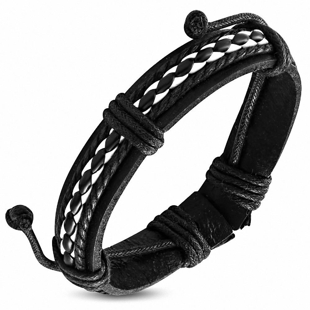 Bracelet hommes cuir noir et blanc tressé