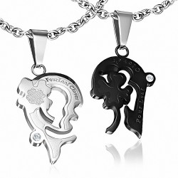 Pendentif couple coeur trèfle argenté noir