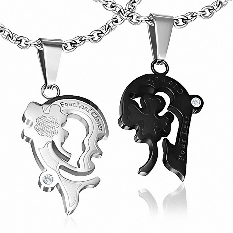 Pendentif couple coeur trèfle argenté noir Pendentif couple coeur trèfle argenté noir