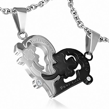 Pendentif couple coeur trèfle argenté noir