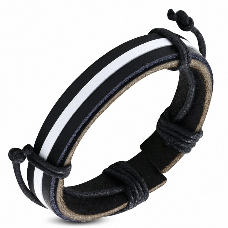 Bracelet homme cuir noir bande blanche Bracelet homme cuir noir bande blanche