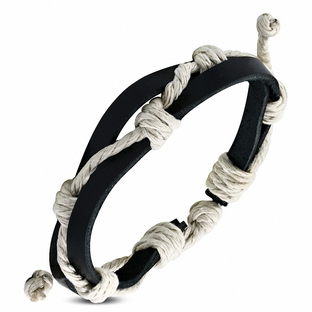 Bracelet homme cuir noir et corde blanche nouée
