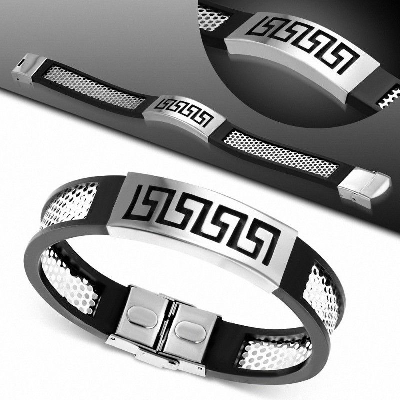 Bracelet homme acier et caoutchouc clef grecque Bracelet homme acier et caoutchouc clef grecque