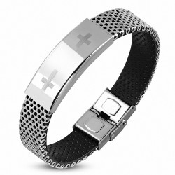 Bracelet homme acier et caoutchouc double croix