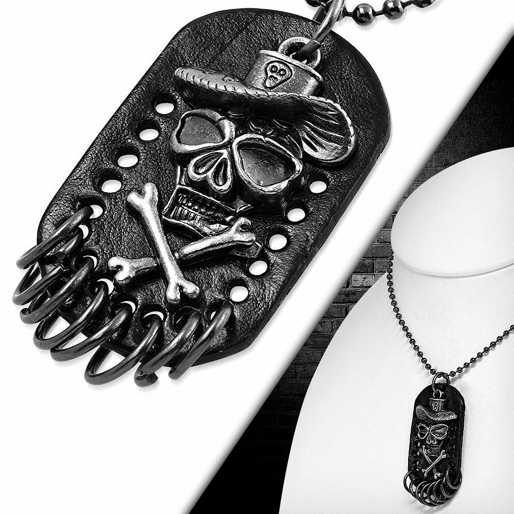 Collier homme militaire avec plaque en cuir noir crane de pirate