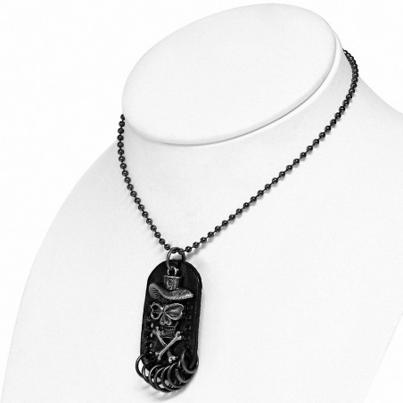 Collier homme militaire avec plaque en cuir noir crane de pirate