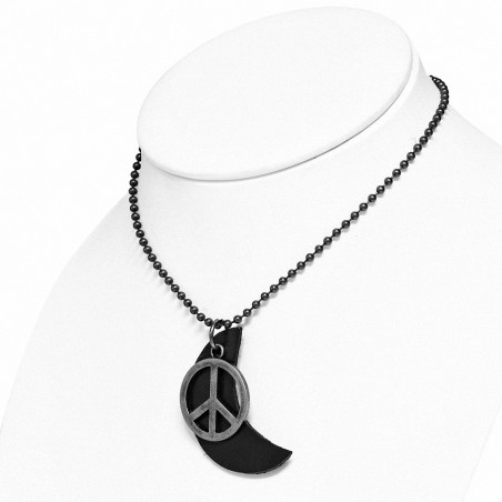 Collier homme militaire avec lune en cuir noir