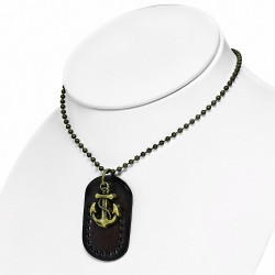 Collier homme militaire avec plaque en cuir marron ancre