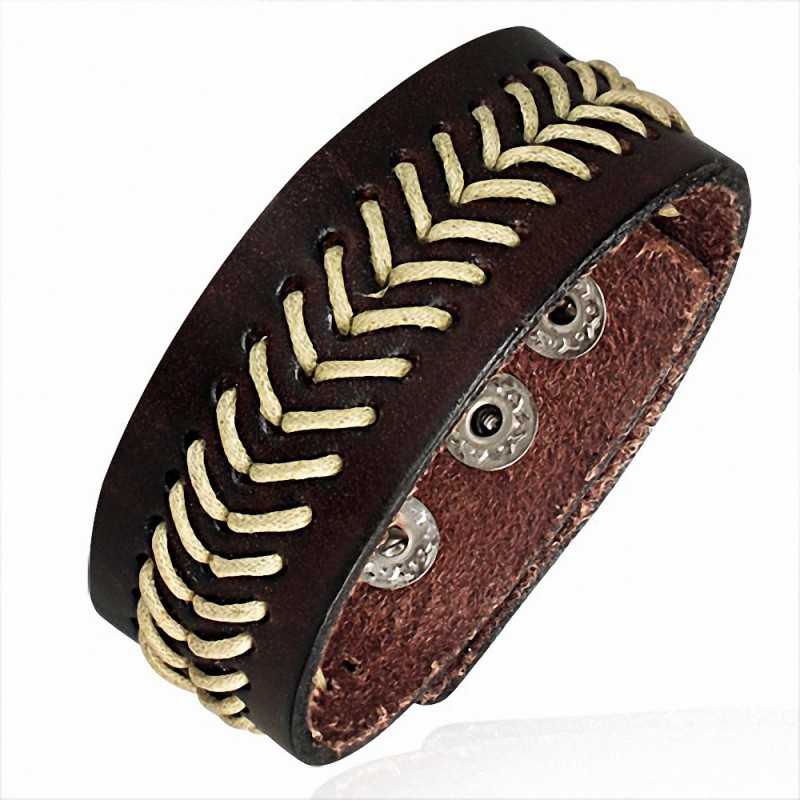 Bracelet homme cuir marron chevrons corde beige Bracelet homme cuir marron chevrons corde beige