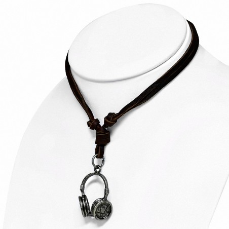 Collier homme cuir avec pendentif casque audio