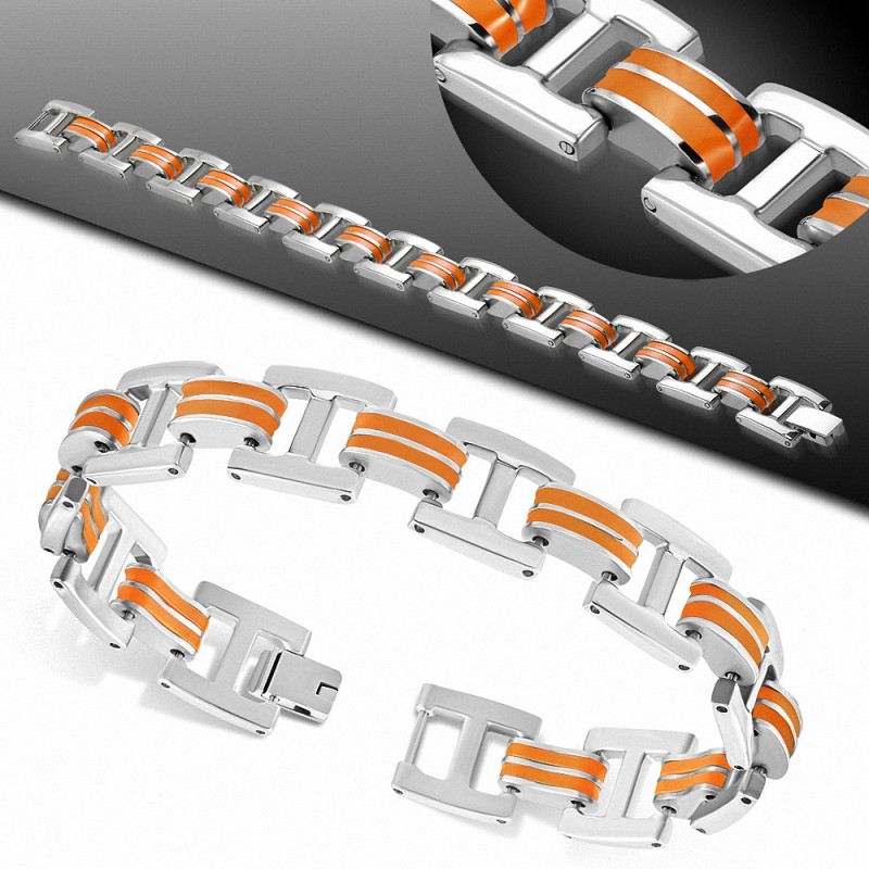 Bracelet homme acier et caoutchouc orange