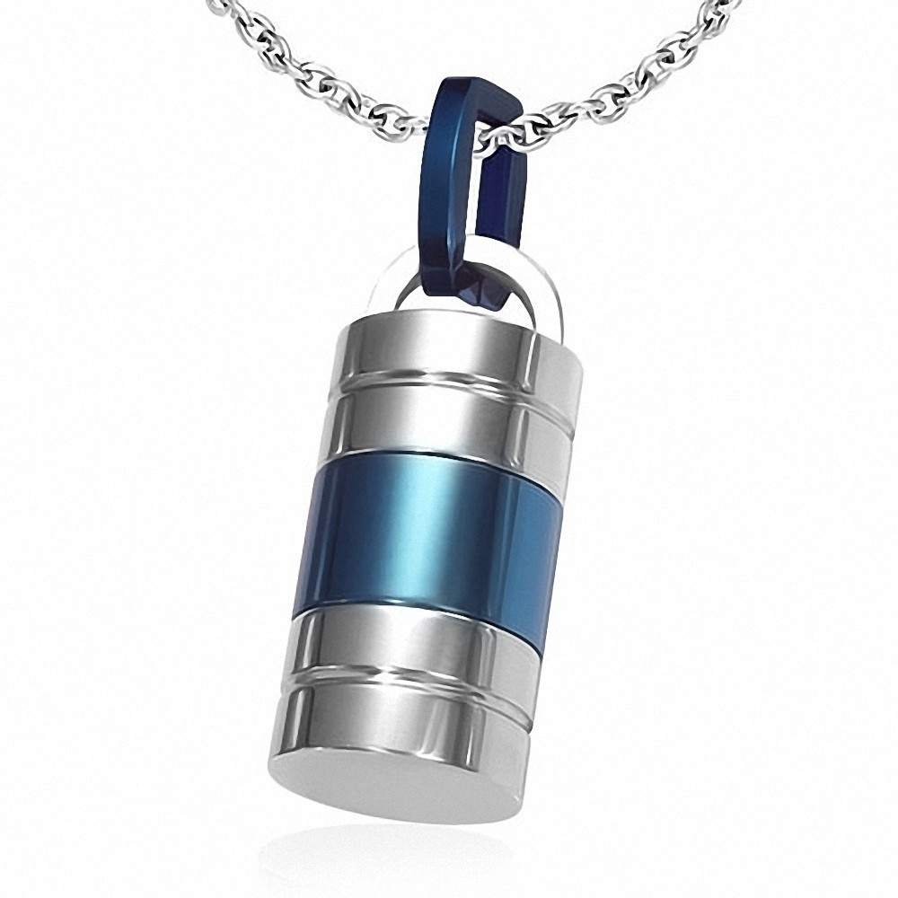 Pendentif homme cylindre argenté bleu