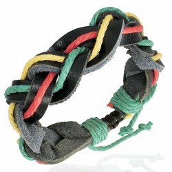 Bracelet cuir noir tressé corde vert rouge jaune