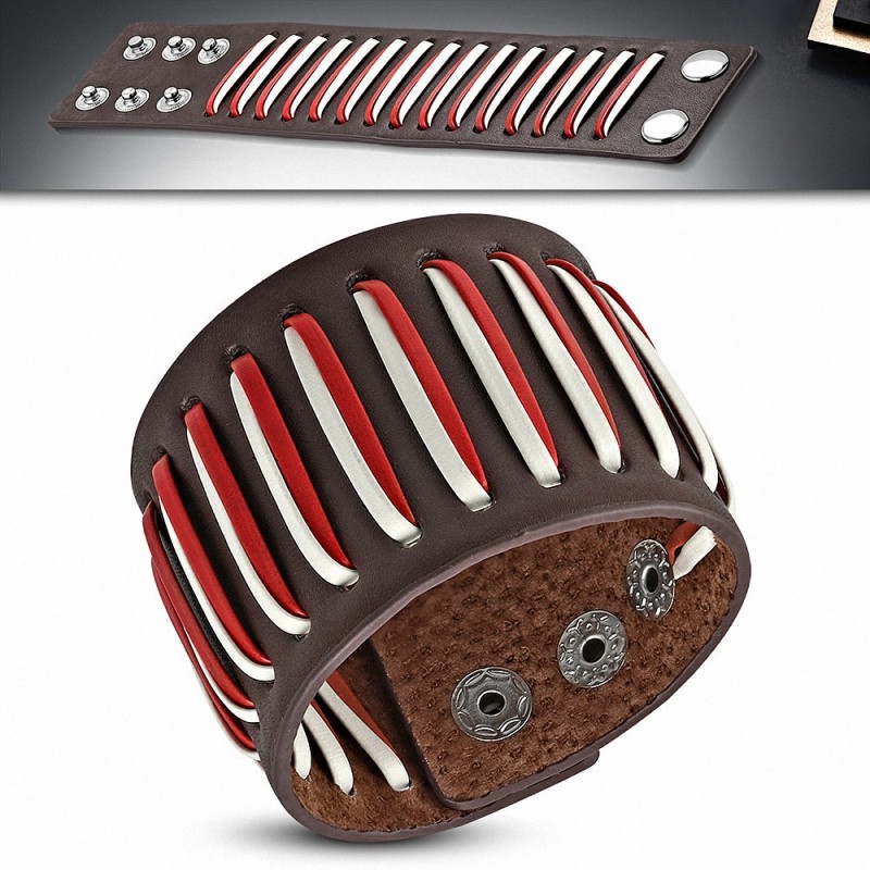 Bracelet homme cuir marron bandes blanc et rouge Bracelet homme cuir marron bandes blanc et rouge