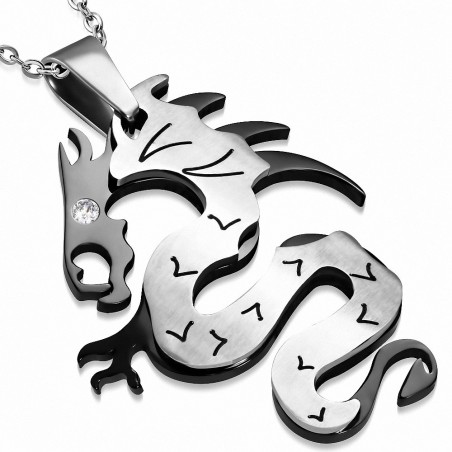 Pendentif homme dragon chinois argenté et noir