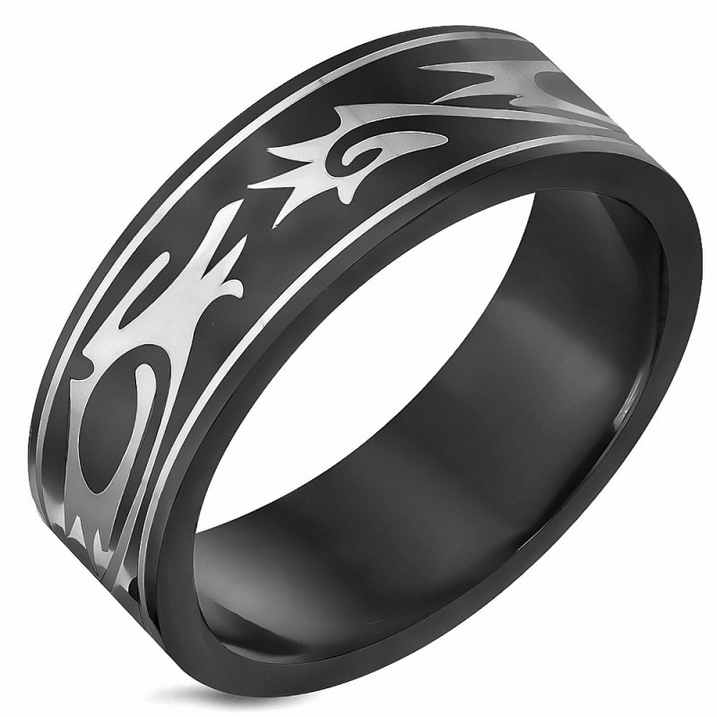 Bague homme acier noir symbole tribal deux tons Bague homme acier noir symbole tribal deux tons