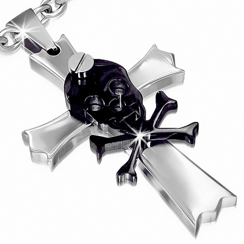 Pendentif homme croix fleur de lys crane de pirate noir Pendentif homme croix fleur de lys crane de pirate noir