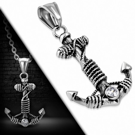 Pendentif homme biker ancre marine