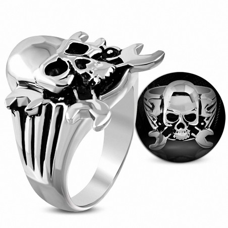 Bague homme acier clef à écrous skull biker