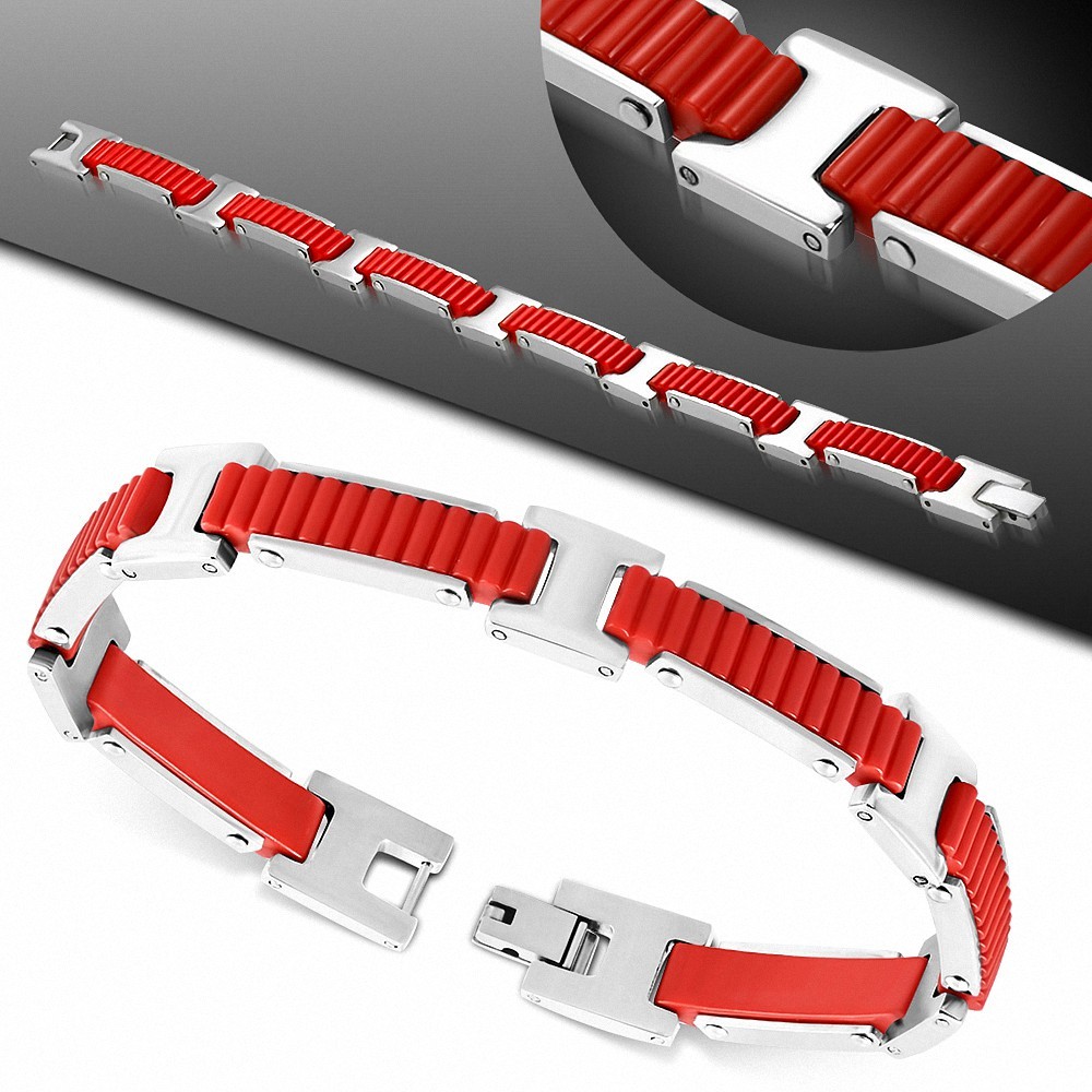 Bracelet homme acier et caoutchouc rouge rainuré