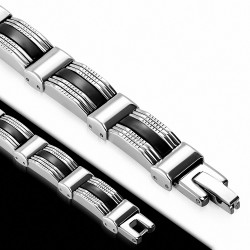 Bracelet homme acier bicolore argenté et caoutchouc noir