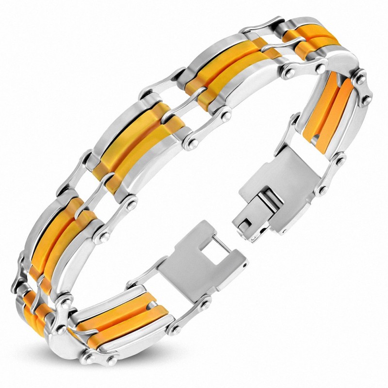 Bracelet homme bicolore en acier et caoutchouc orange