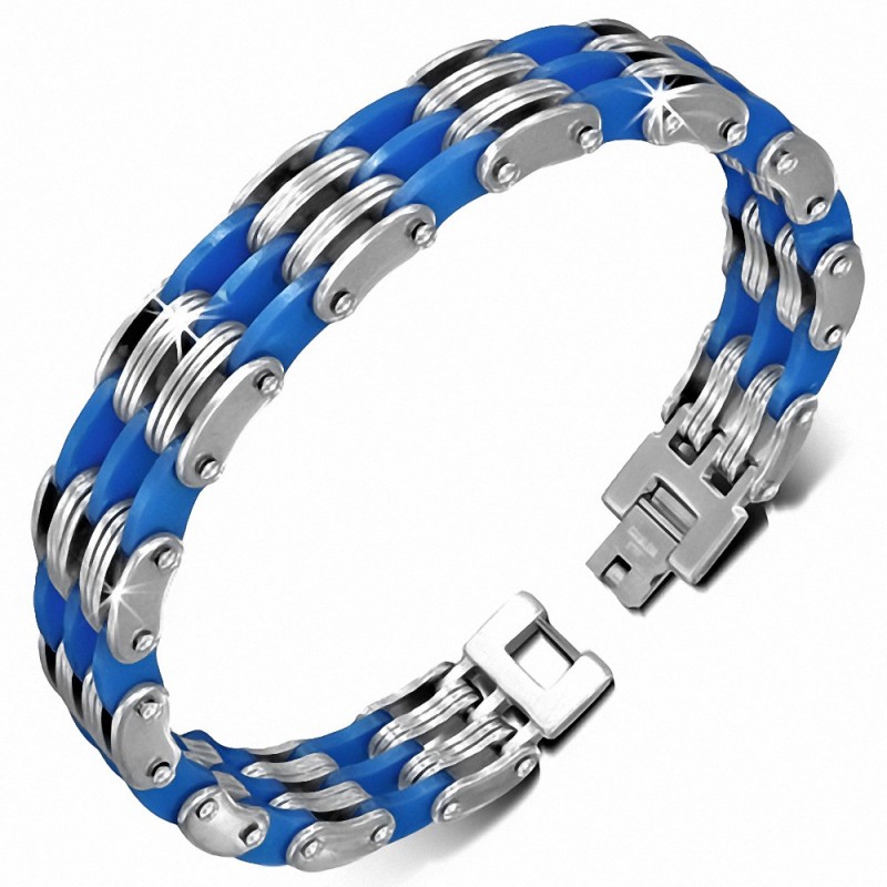 Bracelet homme triple acier et caoutchouc bleu