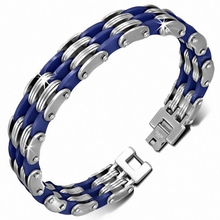 Bracelet homme triple acier et caoutchouc bleu royal